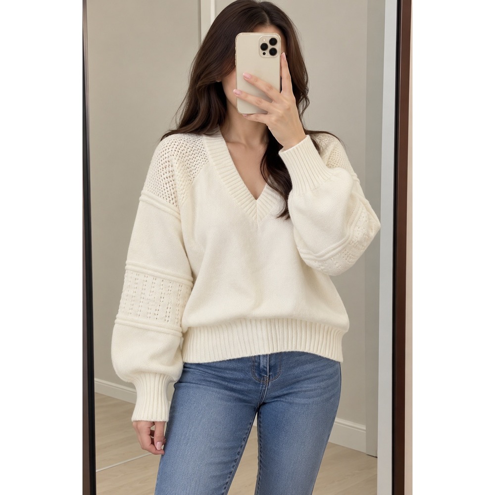 Zaful Forever Young Ivory White V-Neck Lantern Sleeve Pointelle Knit Sweater